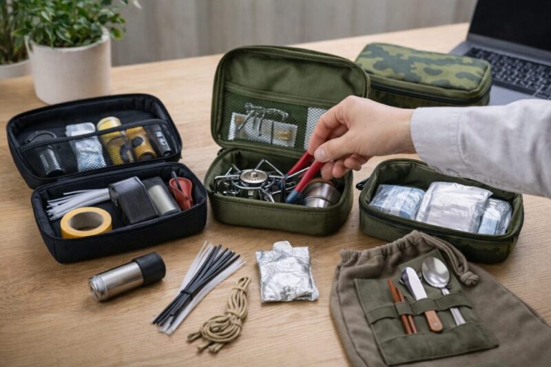 無地のケースや袋を用途別に小分けして並べ、取り出しやすさを確認している手元のイメージ