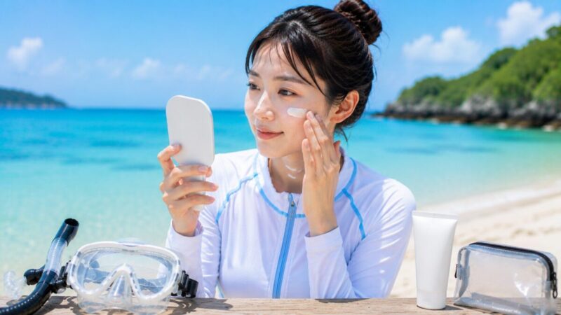 シュノーケリング前に鏡を見ながら頬や首へ日焼け止めを塗る女性