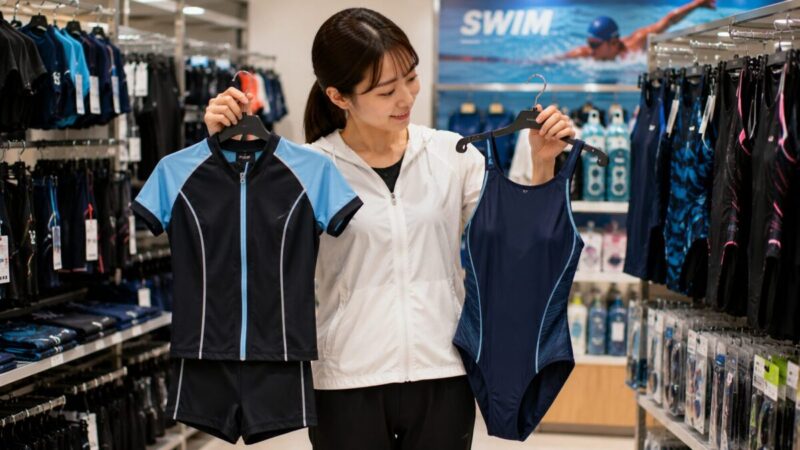 スポーツ用品店でフィットネス水着と競泳水着を比較する女性