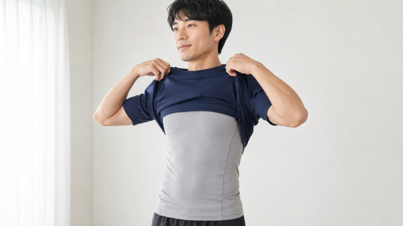 冷感インナーを肌に着てからTシャツを重ねる男性