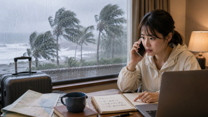 台風接近中にキャンセルする前に宿泊施設へ電話で相談する旅行者