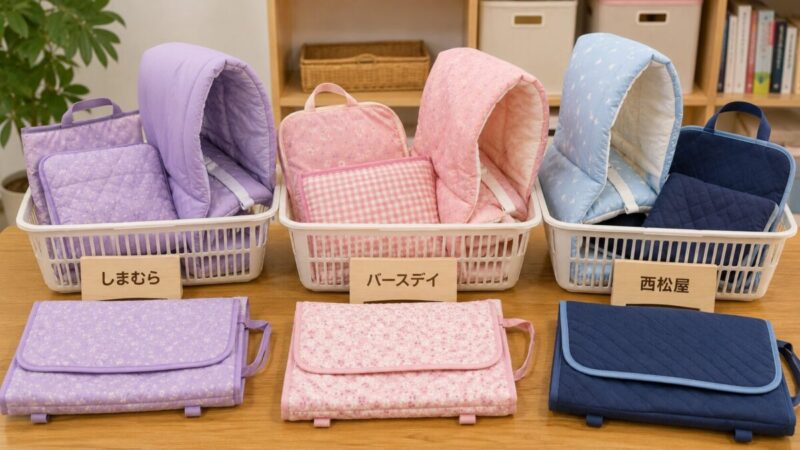 しまむらと西松屋やバースデイで防災頭巾を比較するイメージ