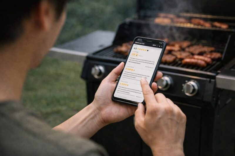スマホのレビューを確認しながらBBQグリル選びをしている様子