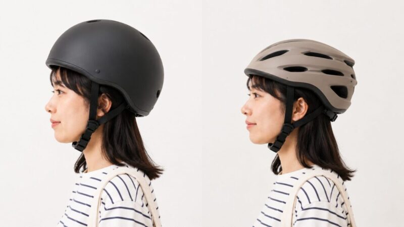 頭が大きく見える丸型と低くすっきりした自転車ヘルメットの比較