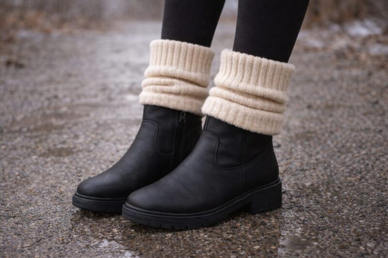 ブーツの上からレッグウォーマーを被せて冷気を減らす足元
