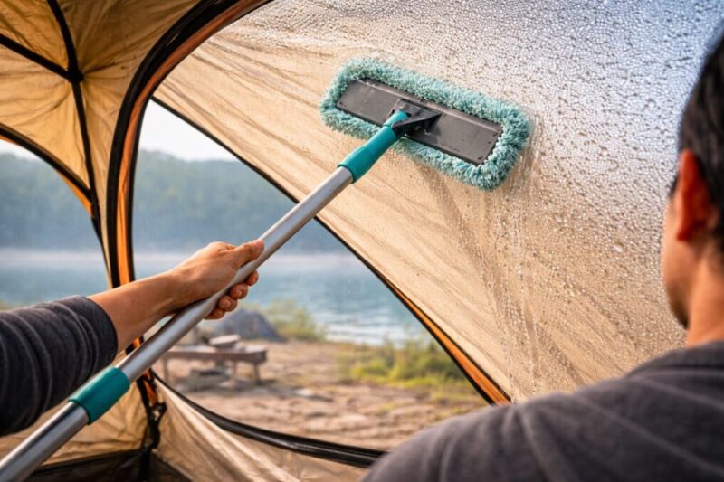 広いテント壁面の水滴をモップで集めて拭き取りやすくするイメージ