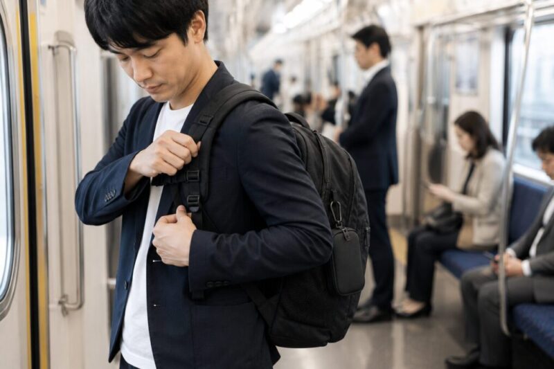 電車内でリュックのベルトを整えて周囲に配慮する人物