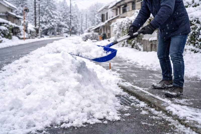 敷地内の雪置き場に雪をまとめ、道路には出さずに除雪している様子