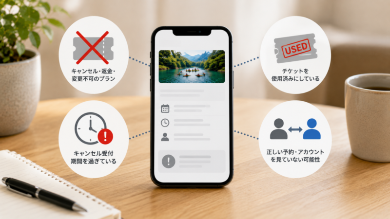 キャンセルできない原因として期限超過や使用済みチケットなどを整理した図
