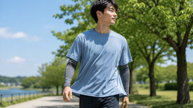 冷感インナーの上に薄手でゆったりしたTシャツを重ねて散歩する男性