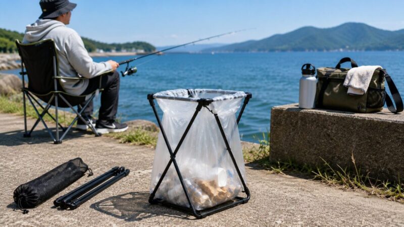 海辺で釣りをしながら、折りたたみ式のゴミ袋スタンドを使っている様子。