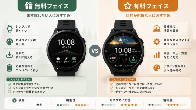 無料と有料のスマートウォッチ文字盤を比較して選ぶイメージ