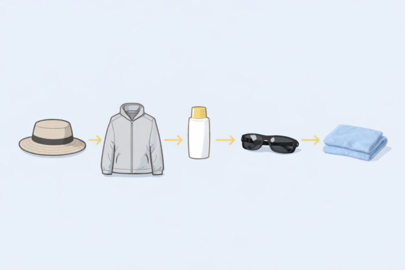 本気の日焼け対策で使う装備の順番を示した図解イメージ