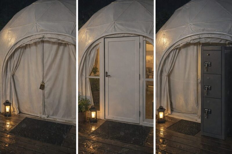 グランピング宿泊棟の施錠方式やロッカー有無を比較するイメージ