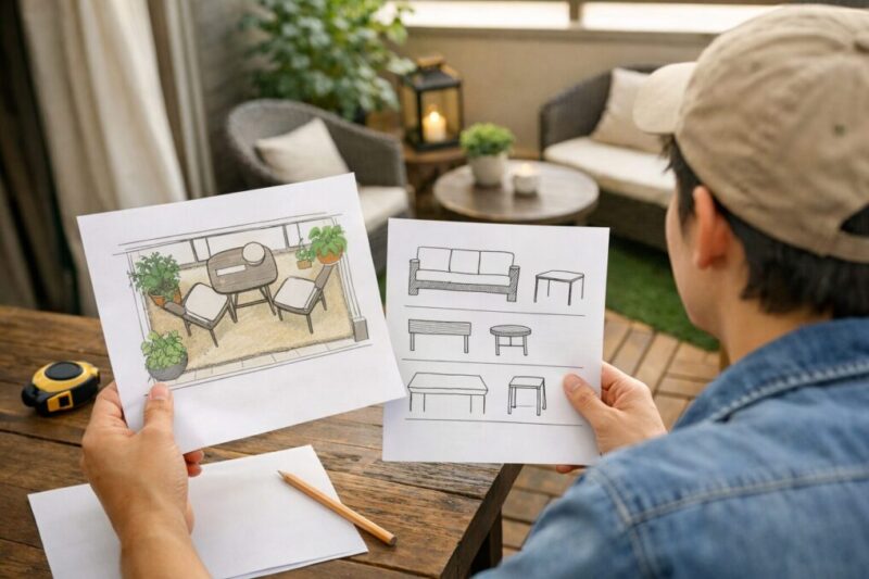 ベランダ完成イメージから家具選びを逆算している様子