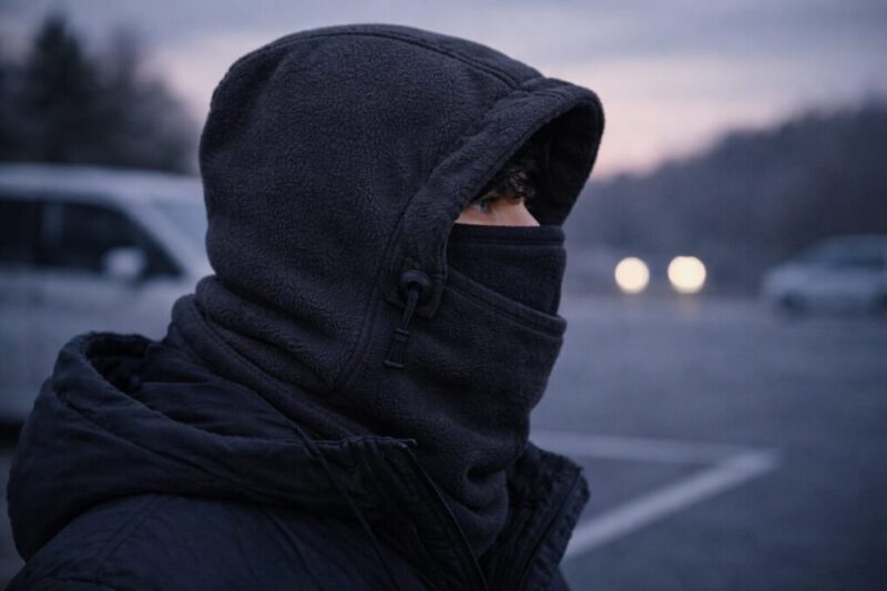 口元まで覆えるバラクラバで防風防寒するイメージ