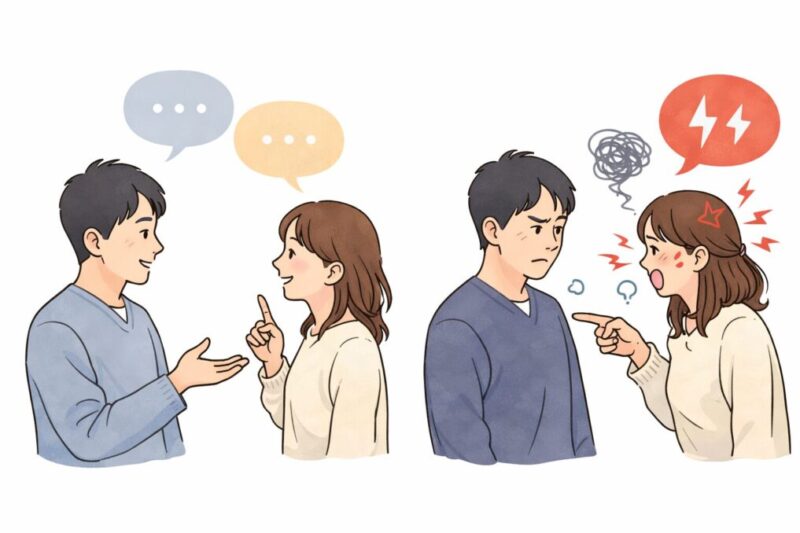 穏やかな相談と感情的な言い方の違いを対比して示したイメージ
