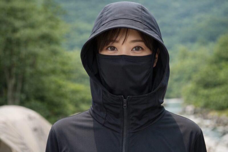 フードとフェイスカバーで顔と首まわりを覆って紫外線を防ぐ着用イメージ