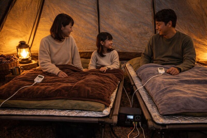 テント内で家族がコットに電気毛布を使い、温度を調整しながら就寝準備をしている