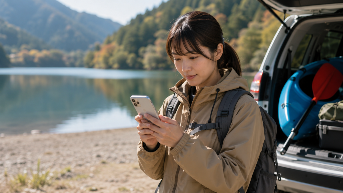 アウトドア体験へ出発する前にスマートフォンで予約や問い合わせ先を確認する女性