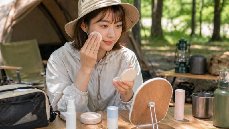キャンプ場でUVパウダーを使って顔の日焼け止めを塗り直している様子