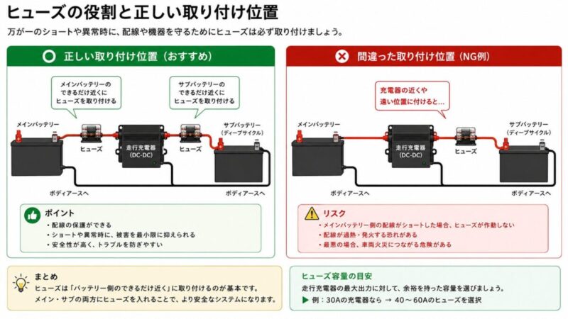サブバッテリー配線に必要なヒューズとブレーカーの設置例