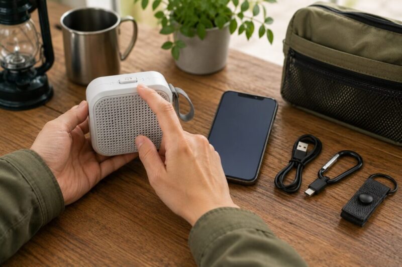 小型ワイヤレススピーカーの操作ボタンを押し、スマホとの接続準備をしている様子
