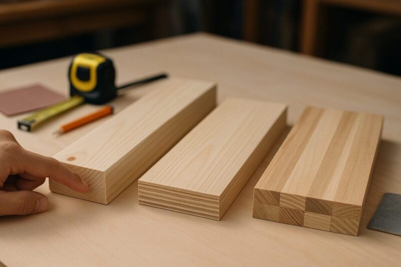 木材サンプルを並べ、用途に合う素材を選び分けているイメージ