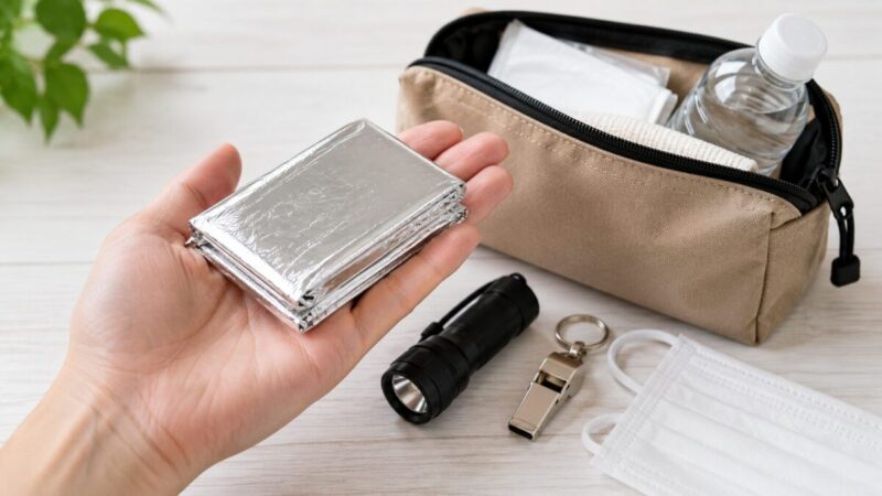 防災ポーチに入れやすい小さな非常用アルミブランケットと携帯用防災グッズのイメージ