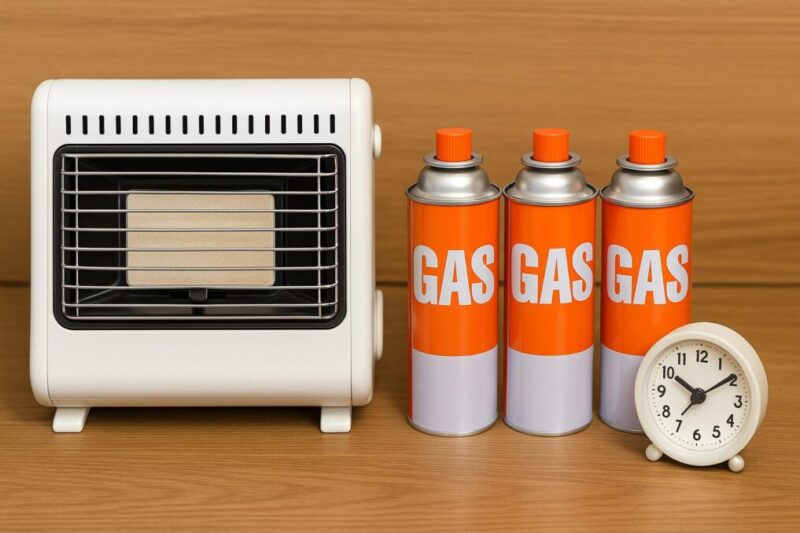 カセットガスストーブの横にボンベと時計を並べ、1本あたりの燃焼時間の目安をイメージさせる写真