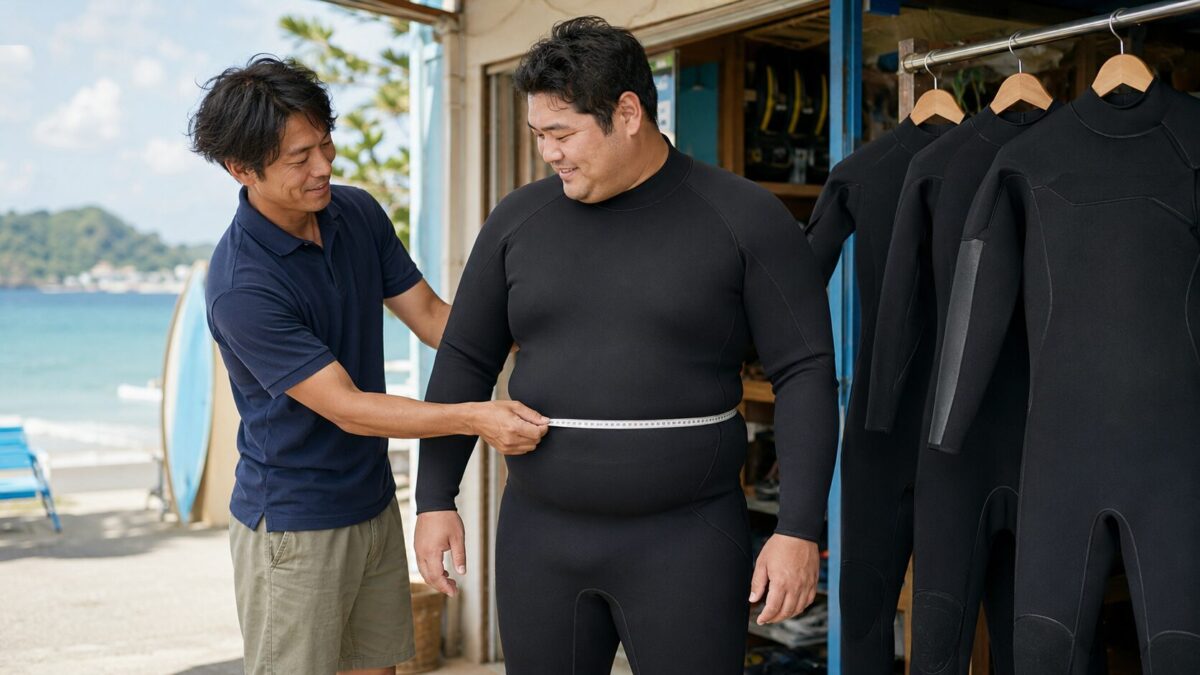太め体型に合うウェットスーツを選ぶため腹囲を測ってもらう男性