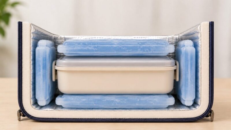 保冷バッグの断面図で、弁当箱を上・下・左右の保冷剤で囲んで冷やしている様子。