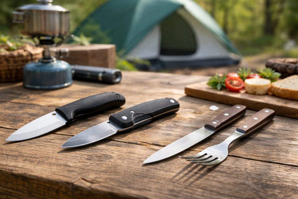 木目テーブルにセラミックナイフ、折りたたみナイフ、ナイフ＆フォークを並べ、キャンプサイトの雰囲気で用途別に比較するイメージ
