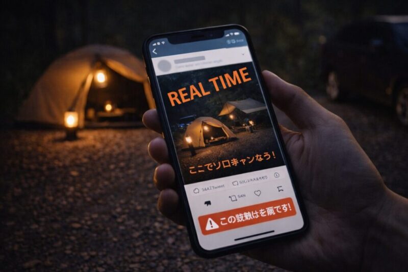 テントを背景に、位置が特定されにくいよう画面を伏せ気味にスマホを持って投稿している様子