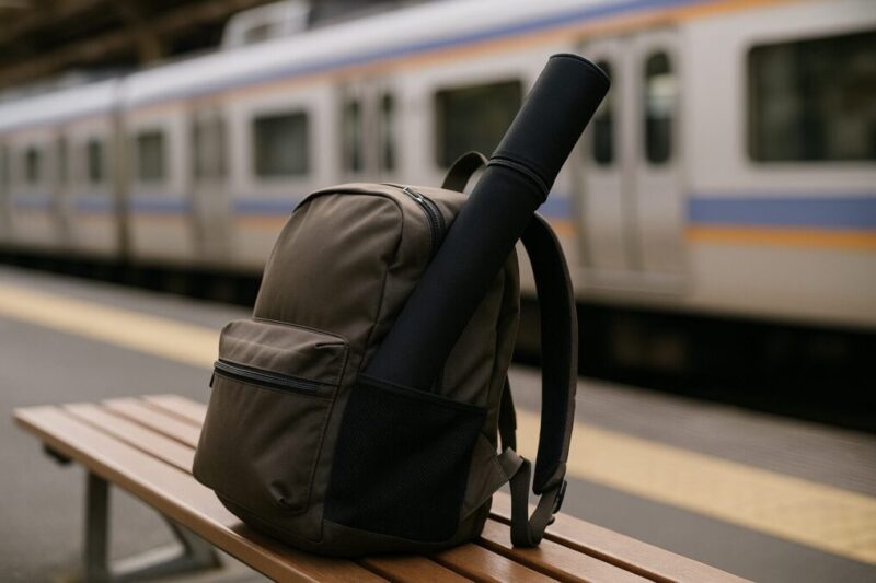 「バックパックから顔を出す仕舞寸法の短いテレスコロッドと駅のホーム」