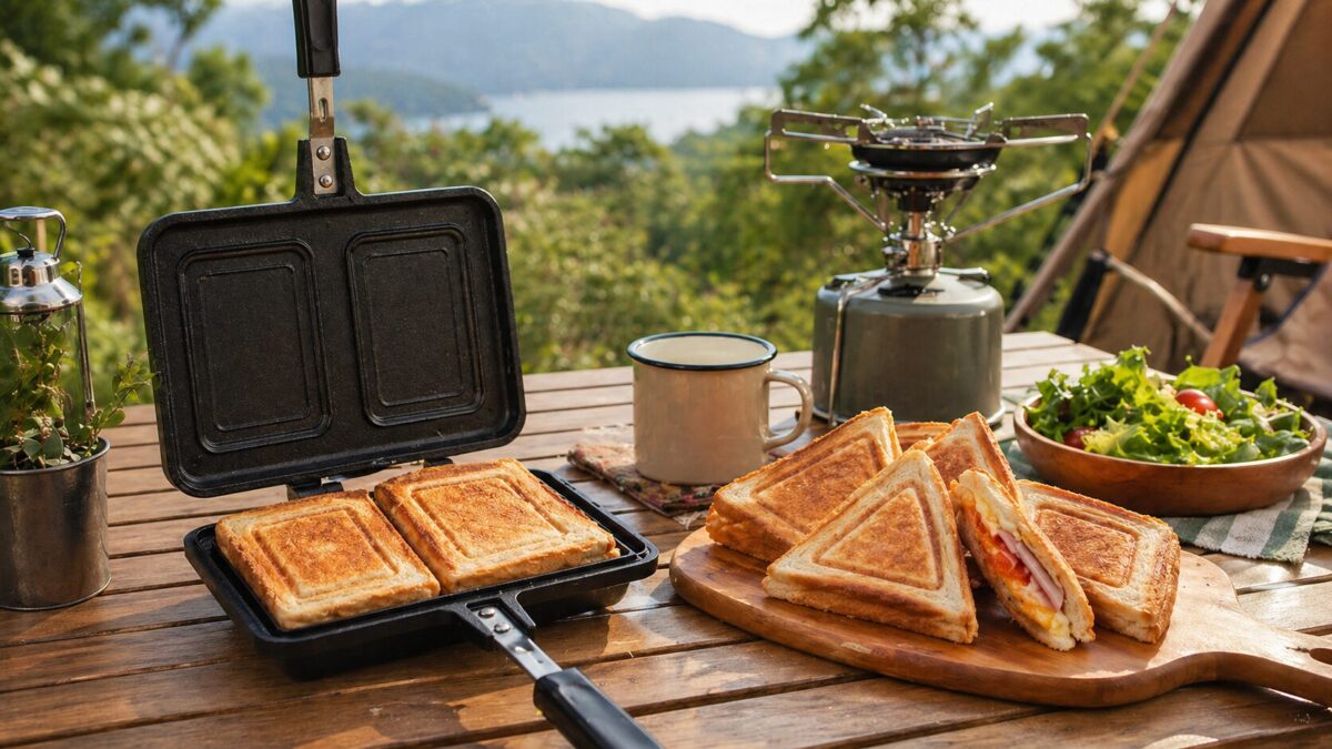 キャンプテーブルで焼いたホットサンドと直火式ホットサンドメーカーの朝食イメージ
