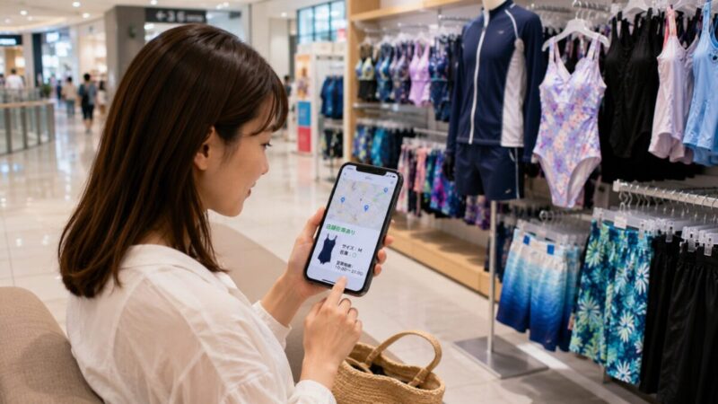近くの水着売り場をスマートフォンの店舗検索と在庫確認で探す女性