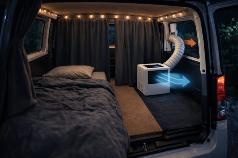 ハイエースの車内でカーテンで就寝スペースを区切り、後部に置いた小型冷房機で涼しさを確保している夜のレイアウト例