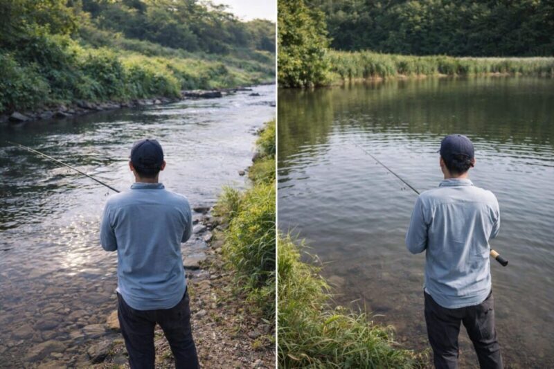 小河川と池の岸際でスピナー系ルアーが向く釣り場を表した風景