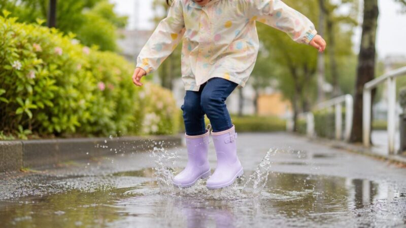 水たまりで遊ぶために、ラベンダー色の長靴を履いた子どもの足元。