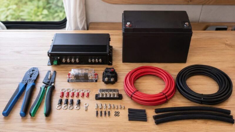サブバッテリーシステム自作に必要な走行充電器やケーブル、ヒューズなどの電装パーツ一式