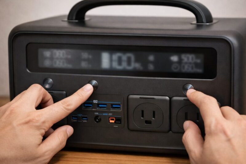 ポータブル電源の操作部を確認してリセットを試すイメージ