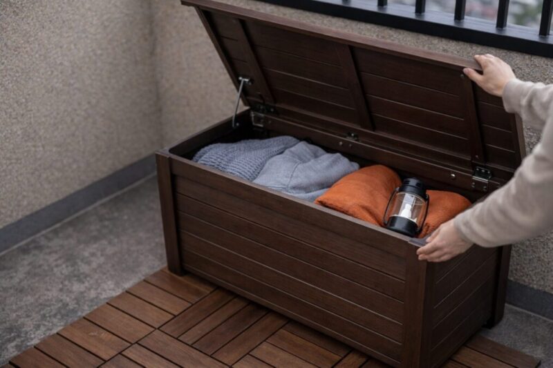 ベランピング小物を収納できる屋外ベンチの活用例