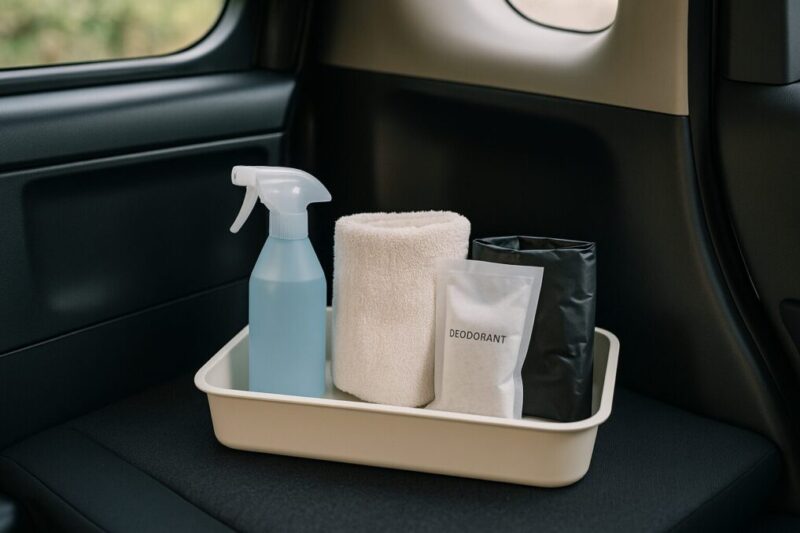 車中泊の夏対策セットを小物でまとめたイメージ