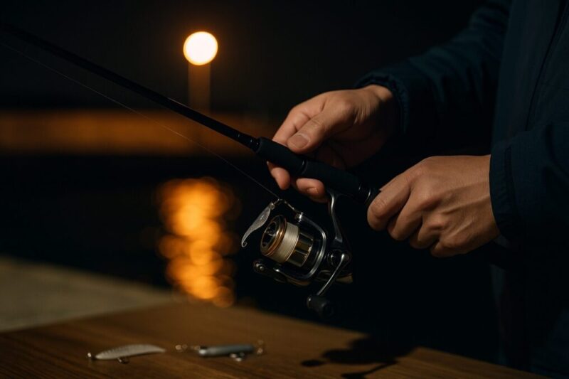 「常夜灯下でライトゲーム用ロッドとジグヘッドを構えるアングラーの手元」