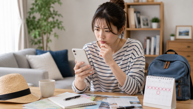 レジャー出発前に予約や電子チケットが確認できずスマートフォンを調べる女性