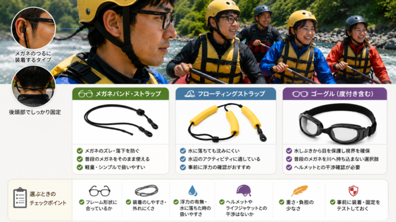 ラフティングで使うメガネバンドとフローティングストラップ、ゴーグルの違いを比較