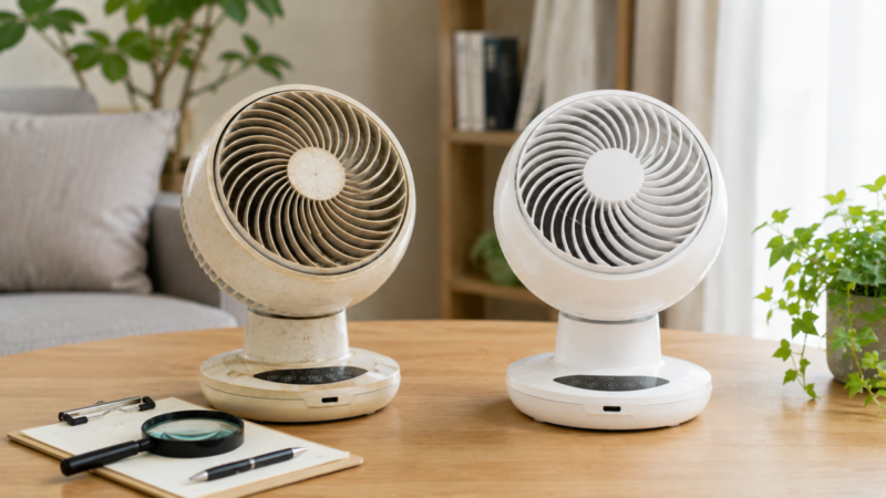 長年使ったサーキュレーターと新しい機種を並べて状態を比較する様子