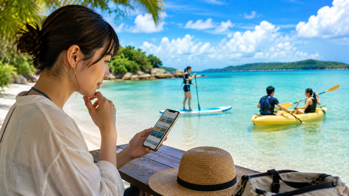 海辺でSUPやカヤックの体験プランをスマートフォンで確認する旅行者