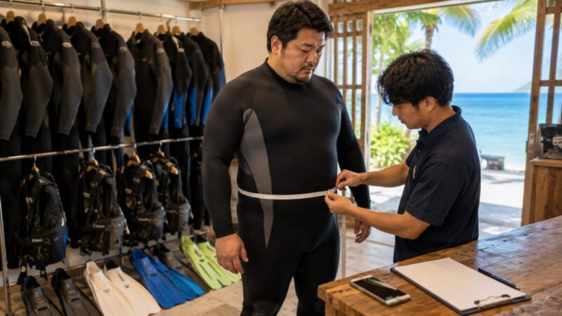 沖縄のダイビングショップでレンタル用ウェットスーツのため腹囲を測ってもらう男性